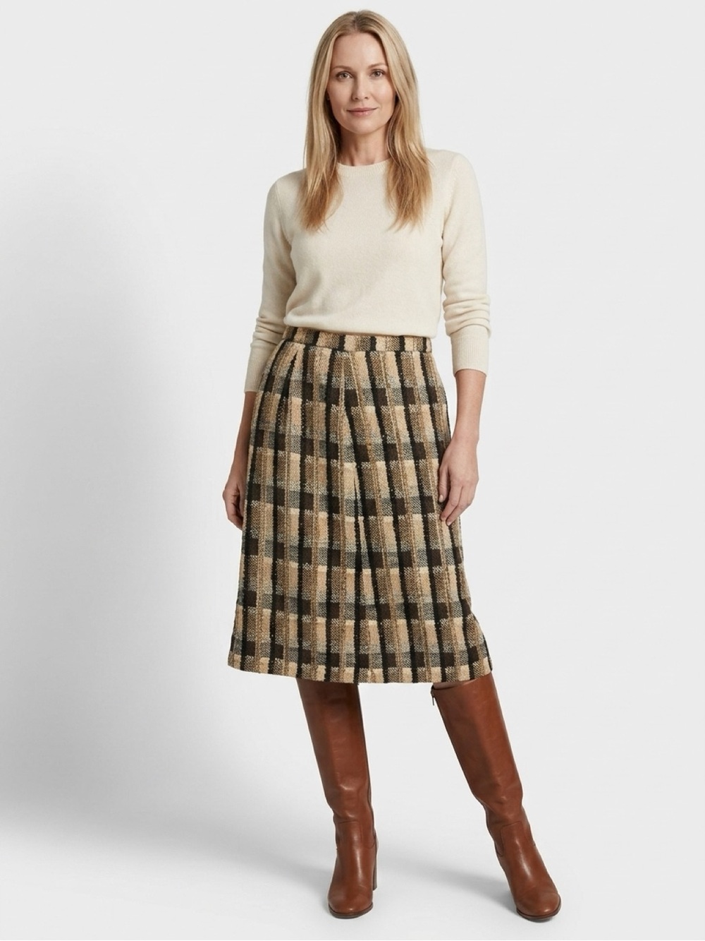 Vintage 80s Jaeger Plaid Pleated Wool Skirt in Beige and Black - Picture 3 of 6
